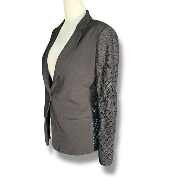 BCBGMAXAZRIA Keanu Black Lace Sleeve Sheer Back Tailored Hourglass Blazer Jacket - Picture 3 of 12